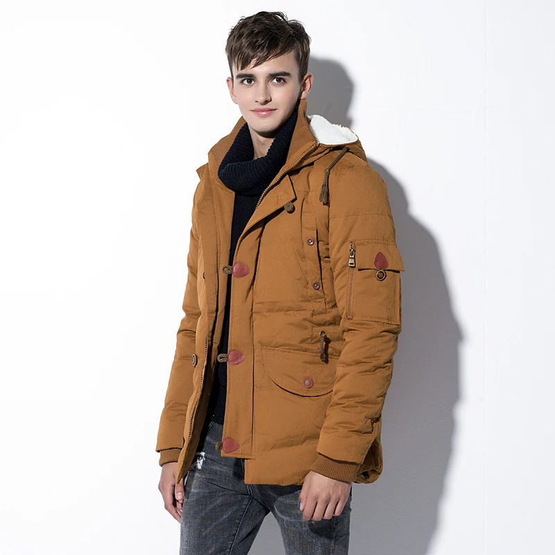 EU size Winter down jacket men's medium - long down coat khaki color hooded coat warm jacket fashion style high quality