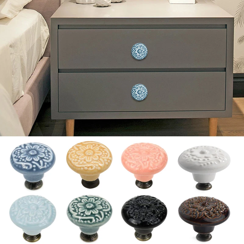 

8 Colors Embossed Flower Ceramic Door Knobs Vintage Cabinet Drawer Closet Cupboard Wardrobe Furniture Pull Handle