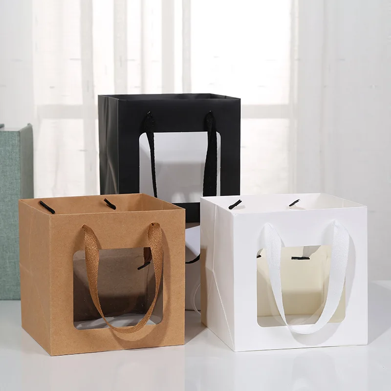 

10pcs Square Package Bags With Transparent Window Packaging Gifts Flower Cake For Wedding Birthday Home Party Shopping Bag