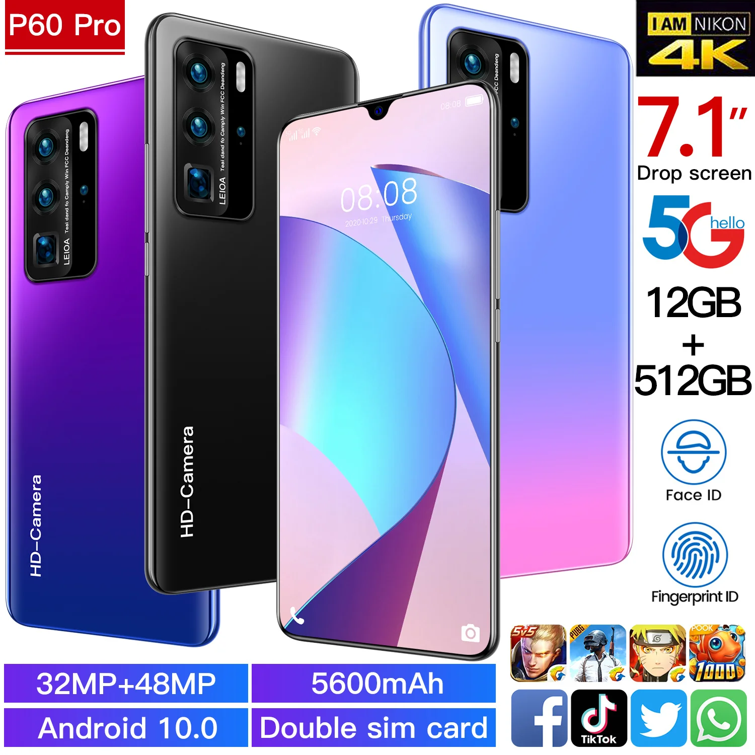 

P60 Pro 7.1" Global Version Smart Phone Face Fingerprint ID Unlock 5G Android 10 Core 32MP+48MP Rear Camera 12 512GB CellPhones