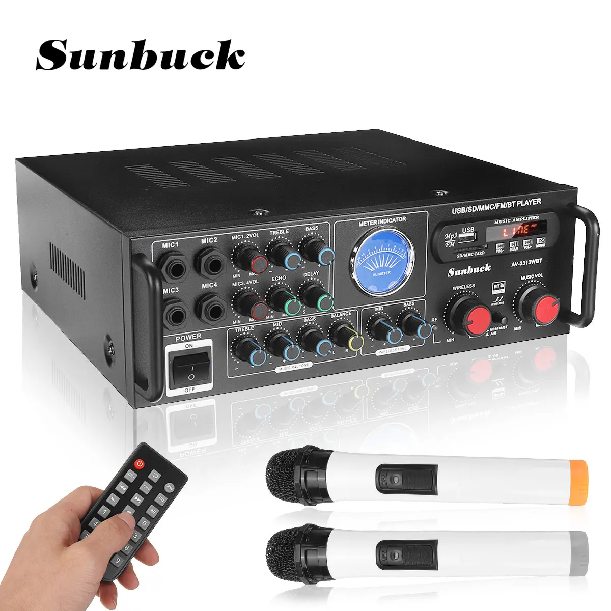 

Усилитель мощности звука SUNBUCK, Hi-Fi, подходит вечерние, 110 В/220 В переменного тока, 12 В постоянного тока, усилитель Bluetooth Karae + 2 беспроводных микр...