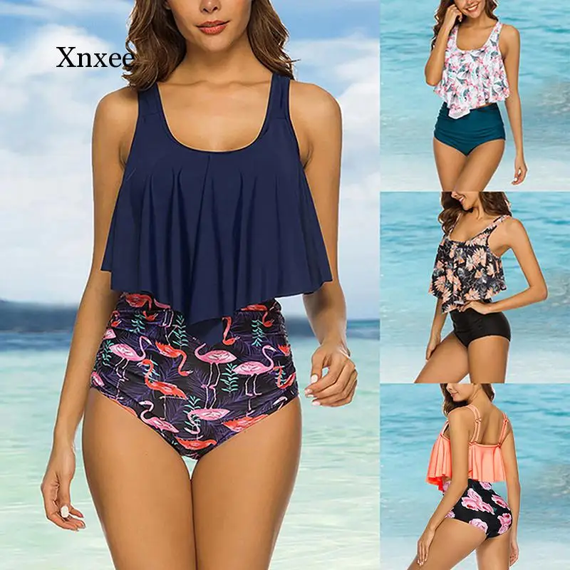 

Women Vest Ruffle High Waist Bikini Swimwear Summer Print Casual Beach Bathing Suit Tankini Swimsuit 2021 Clothing