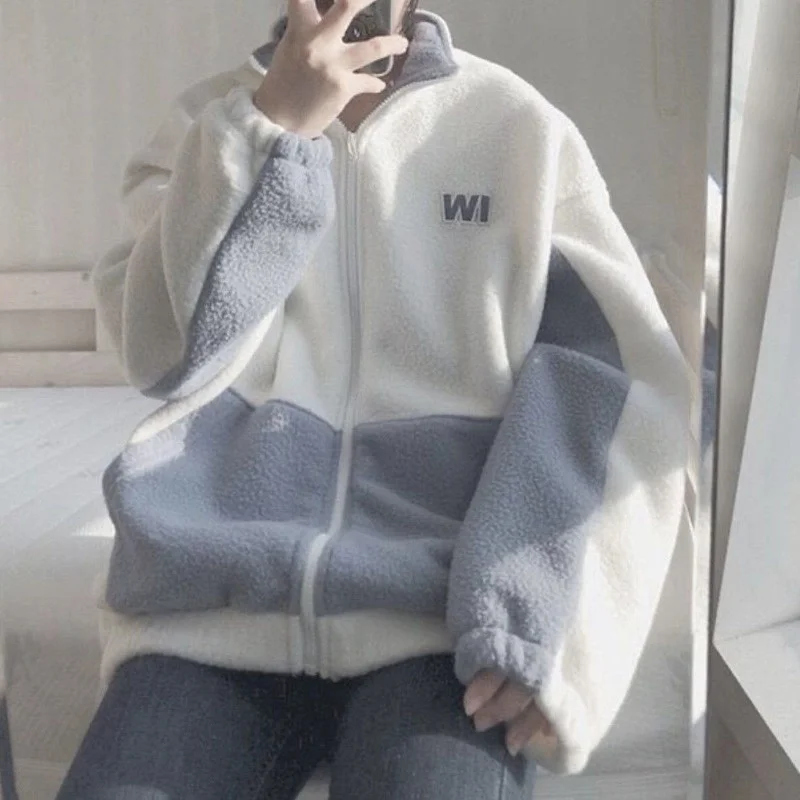 

Womens Sweatshirts Patchwork Large Sizes Students Loose Casual Harajuku Korean Velvet Warm Female Outerwear