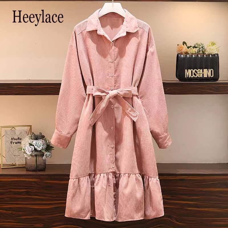 Платье размера плюс женское элегантное офисное розовое вельветовое платье Осень