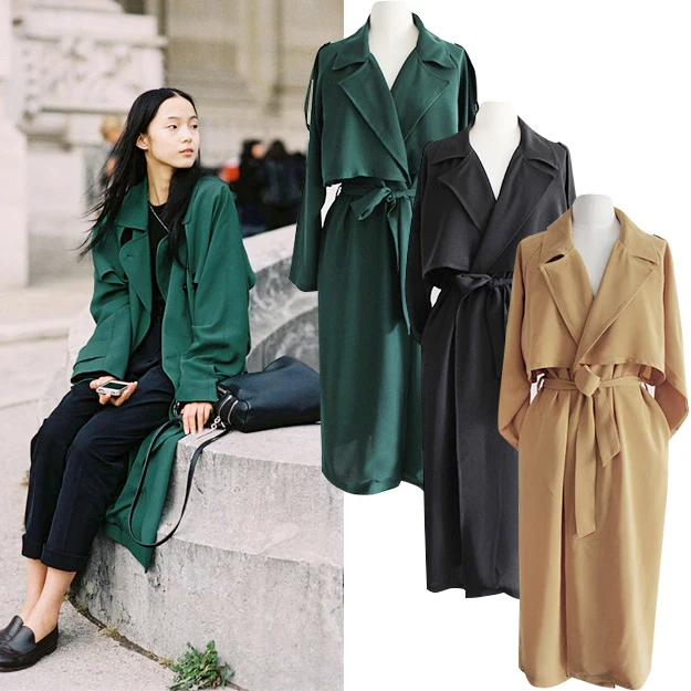 

Spring Autumn New European American Long Trench Coat Oversize Belt Drawstring Loose Drape Green Color Thin Trench Womens Fashion