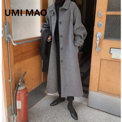 

UMI MAO Korean Fashion Autumn Winter New Loose Hepburn Style Pure Color Lace Woolen Coat Women's Long Thick Female Overcoat Y2K