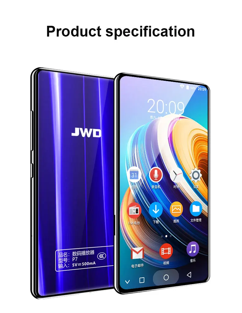 JWD orginial wifi Bluetooth MP4 плеер MP3 MP5 воспроизведение музыки ips полный сенсорный экран 5,0 дюймов