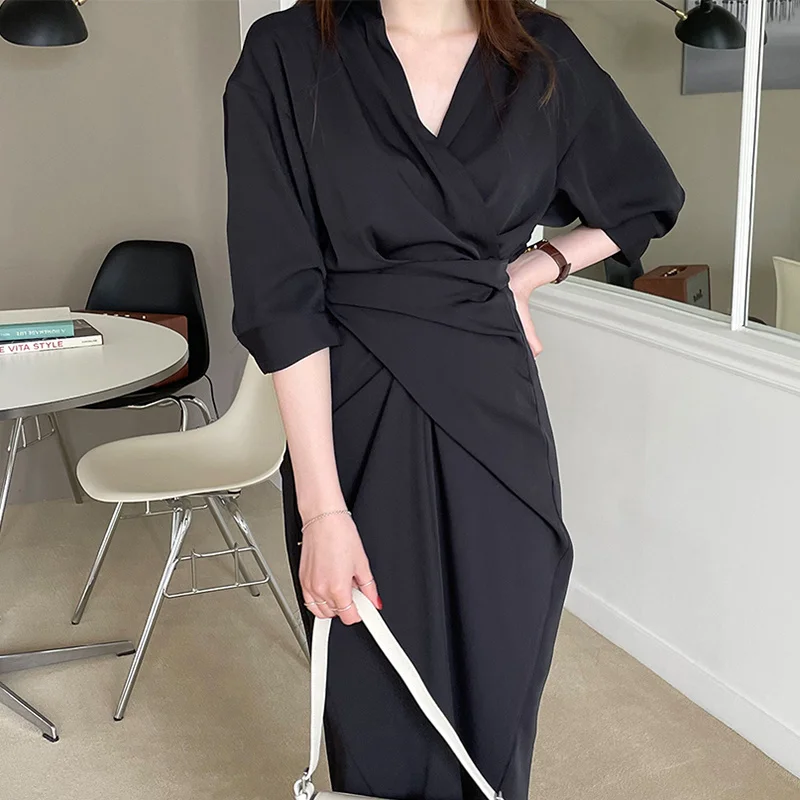 

Женское платье с отложным воротником, однотонное простое приталенное платье с завышенной талией и рукавом пять, модель X425