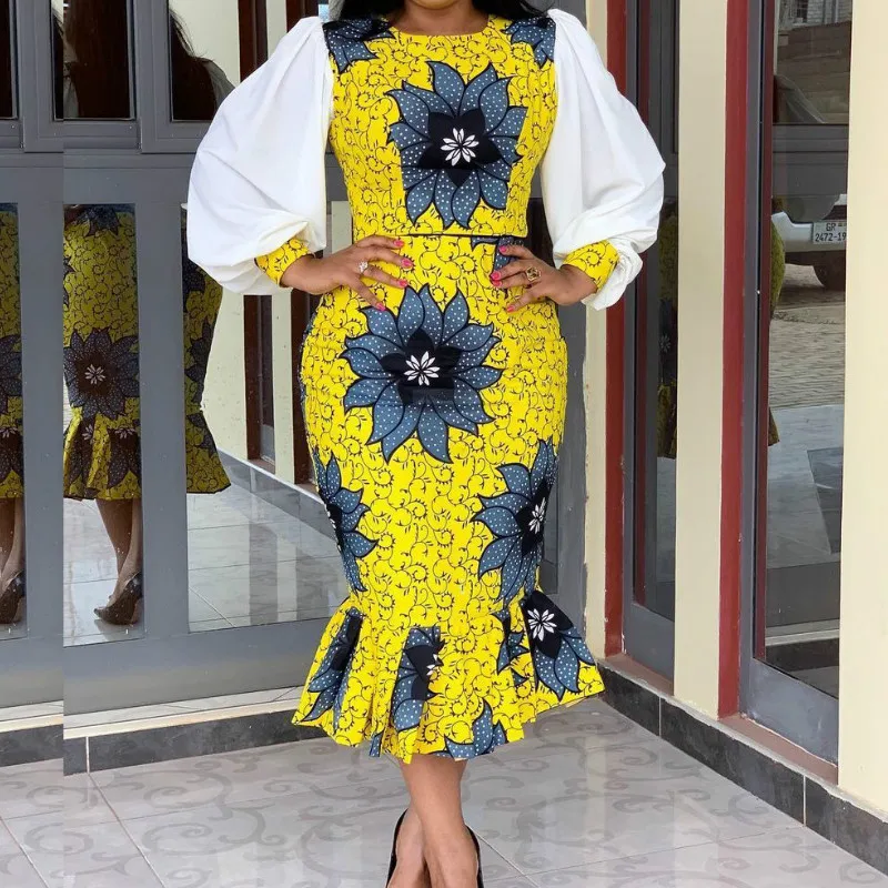 Африканский желтый принт платья для женщин в африканском стиле Вечерние с