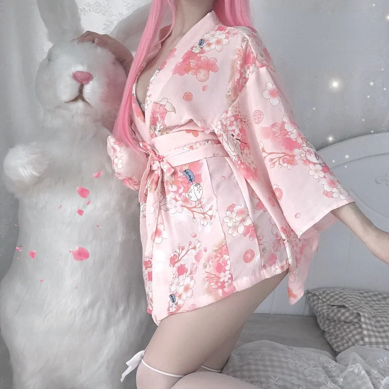 

Chiffon Japanese Printed Kimono Sexy Lingerie Sexy Nightgown Seduction Bathrobe Cute Playful Role Play