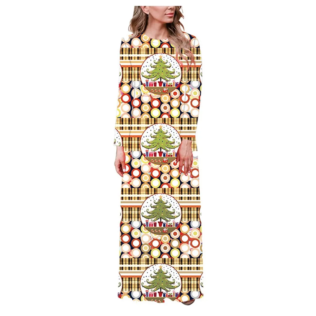 Рождественское женское платье с длинным рукавом и круглым вырезом повседневные