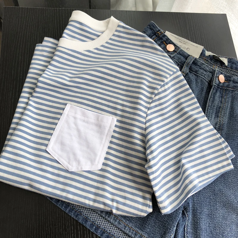 

Футболка женская в полоску с коротким рукавом, винтажный Топ, рубашка с коротким рукавом, лето 2021