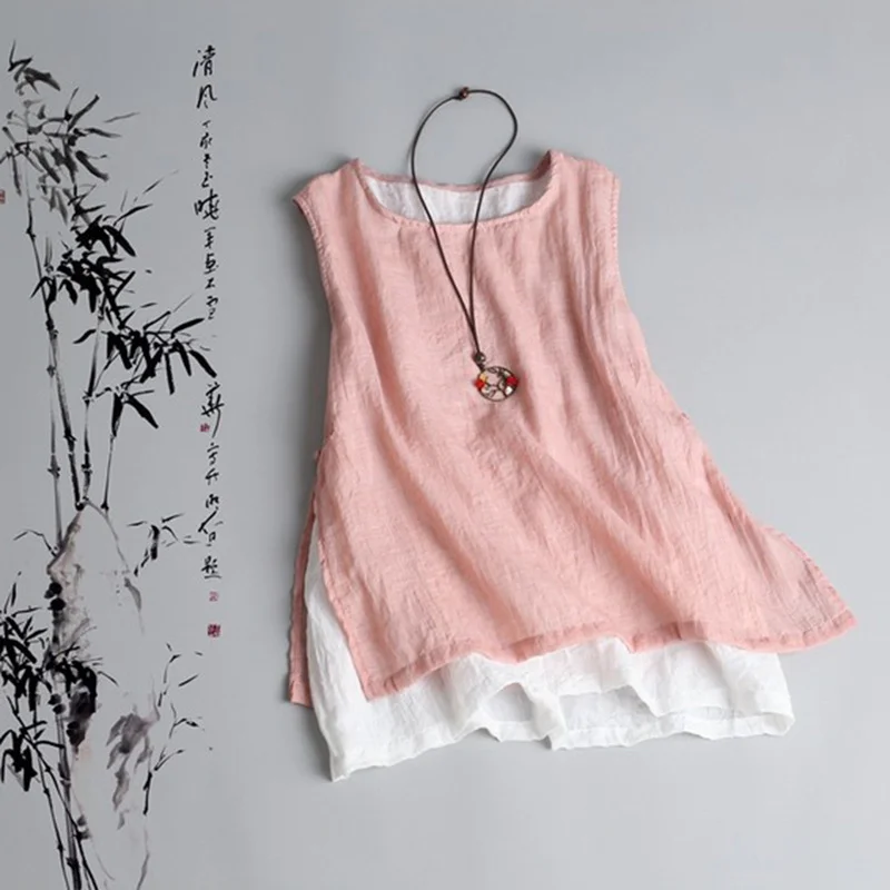 

2020 Summer New Arts Style Women sleeveless Tank Tops cotton linen Casual White Top Femme Vintage Tank Top Plus Size