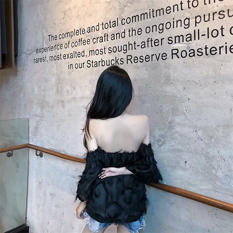 

tassel feather slash neck off shoulder Women's Clothing sexy loose summer women tops blusas mujer de moda new fashion shirt chic