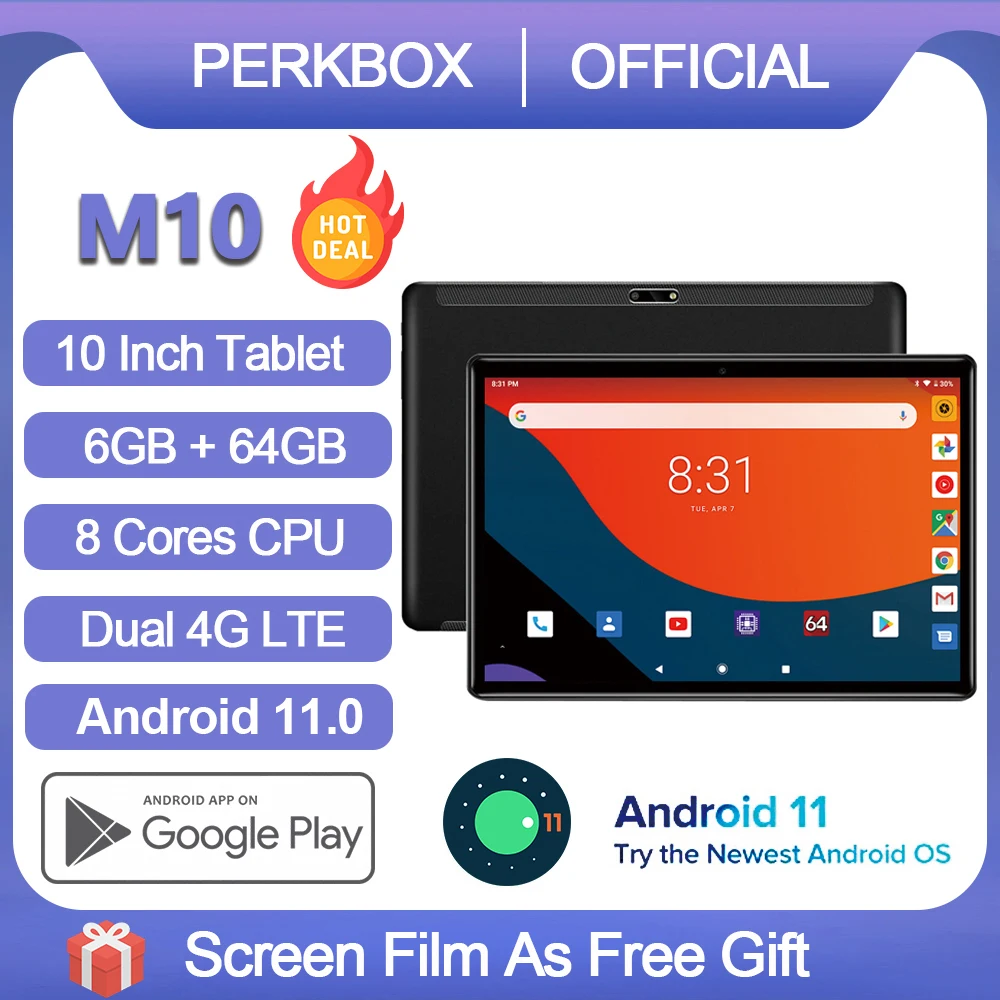 

Планшет Perkbox на Android 11,0, восемь ядер, экран 10 дюймов, 6 ГБ + 64 ГБ