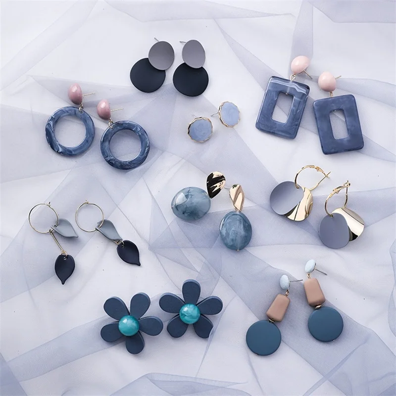 

New Fashion High Quality Blue Color Earrings Women Beautiful Flower Simple Design Big Geometric Earrings Trendy Female Jewelry