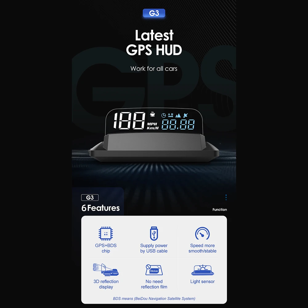 

Head Up Car Display HUD Non-slip Mat 135*68*30mm 5 to 12V Universal USB GPS