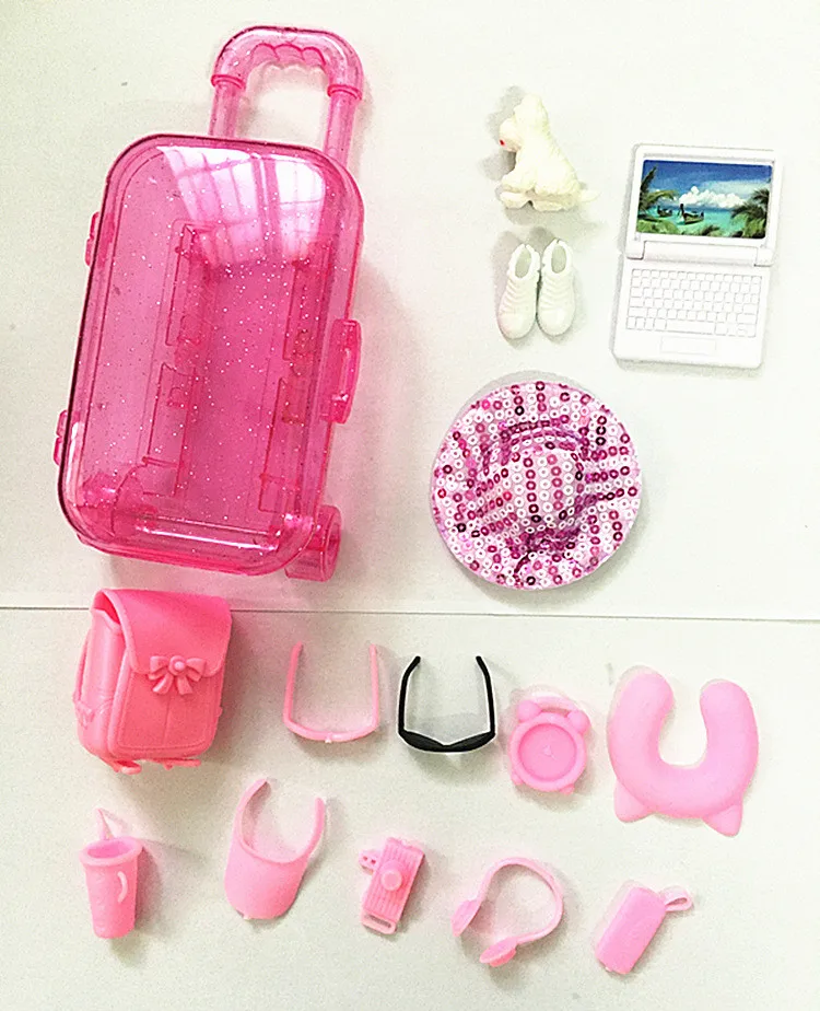 

15pcs doll accessories 18CM Doll Travel Toy Hat Trolley Travel Luggage Case Computer Backpack Transparent Trolley Girls Toys