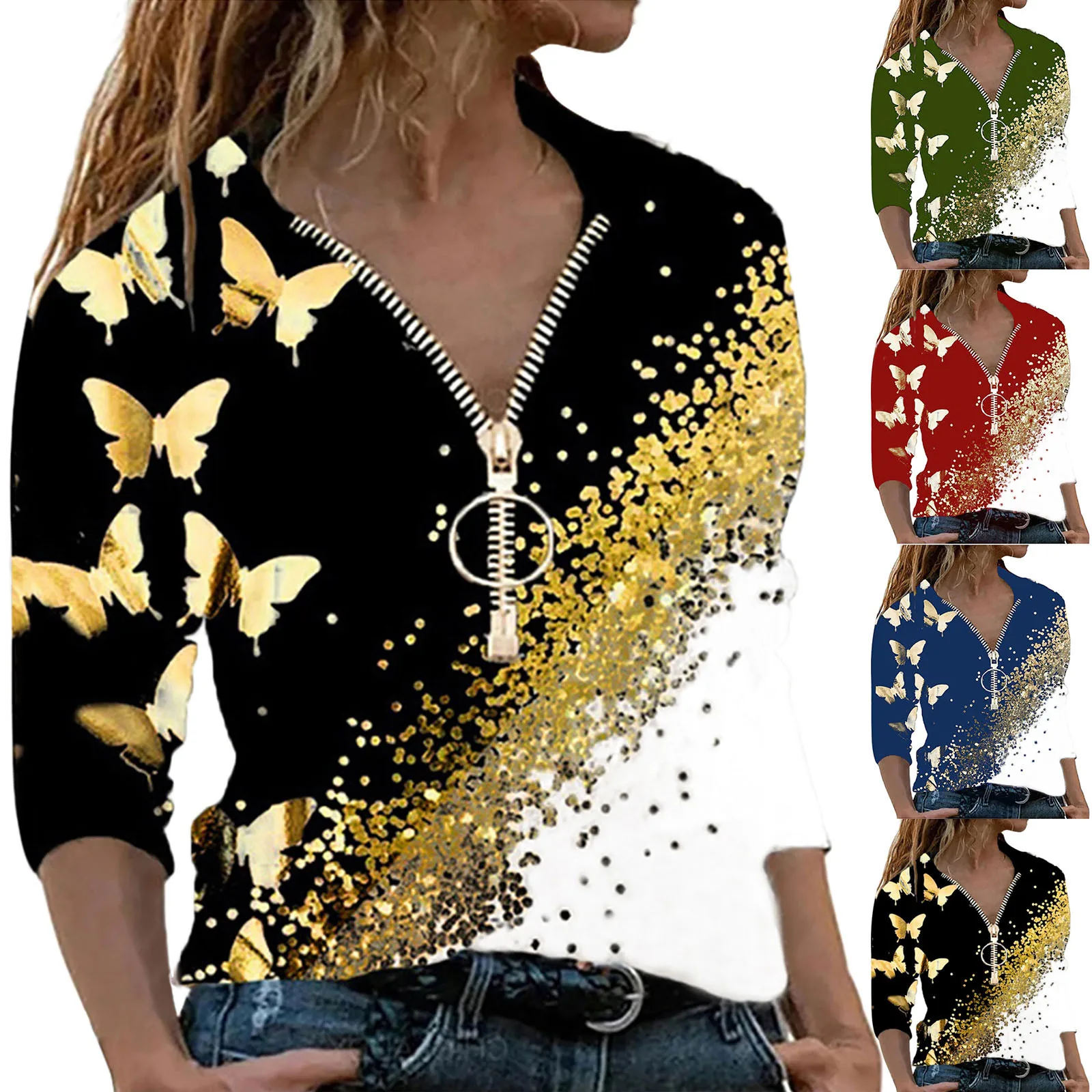 

Женская блузка на молнии, с V-образным вырезом и принтом бабочек, на пуговицах