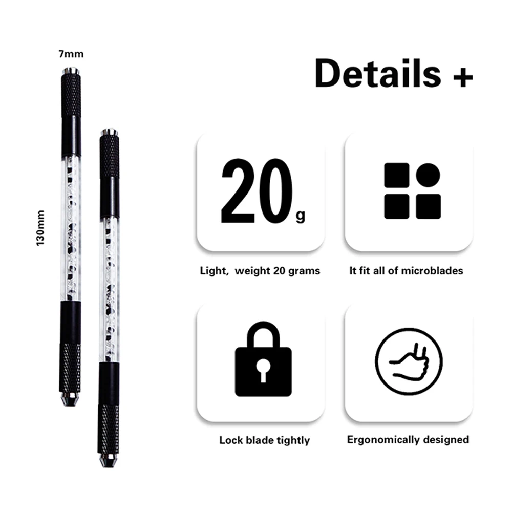 

10PCS/Pack 3D Eyebrow Sterilized Microblading Handle Manul Pen Tool Double Side with Black Gems for Semi Permanent Makeup