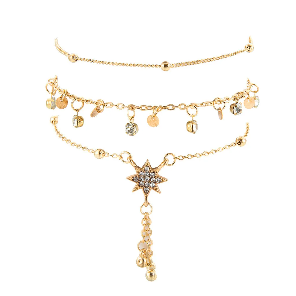 

Rice Beads Beaded Six-pointed Star Pendant Alloy Anklet 3 Piece Set Fashion Anklet Bracelets For Women