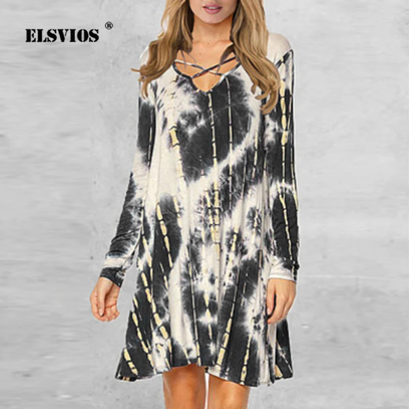 

Plus Size New women Tie dye Printed Mini Dress Casual V Neck Long Sleeve Dress 2020 Autumn Fashion Elegant Party Dresses Vestido