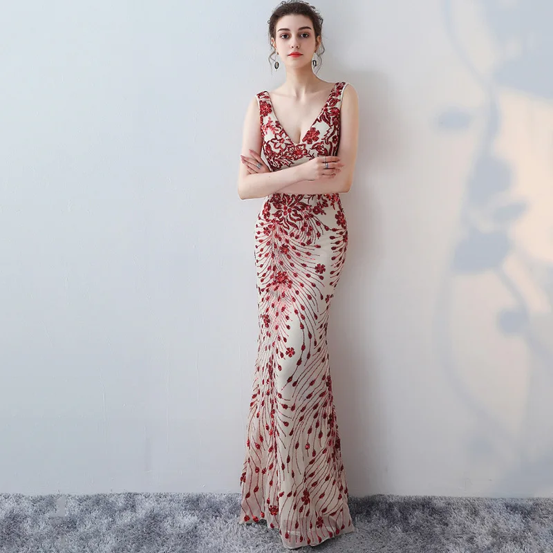 Вечернее платье официальное сексуальное v-образный вырез русалки роскошное с