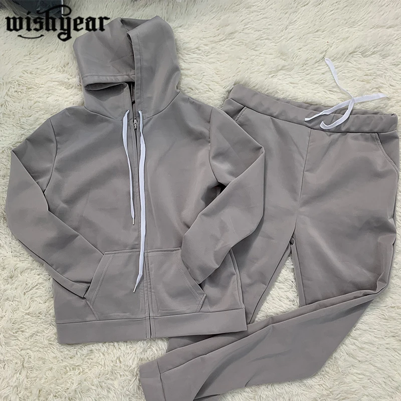 

2020 Women Solid Color Tracksuit Sportwear Long Sleeve Hooded Zipper Coat And Pencil Pants Two Pieces Set Outfits Casual Wear