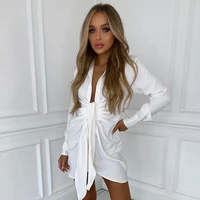 wsevypo elegant tie up front white shirts dress office lady long sleeve lapel deep v ruched mini pencil dress party vestidos