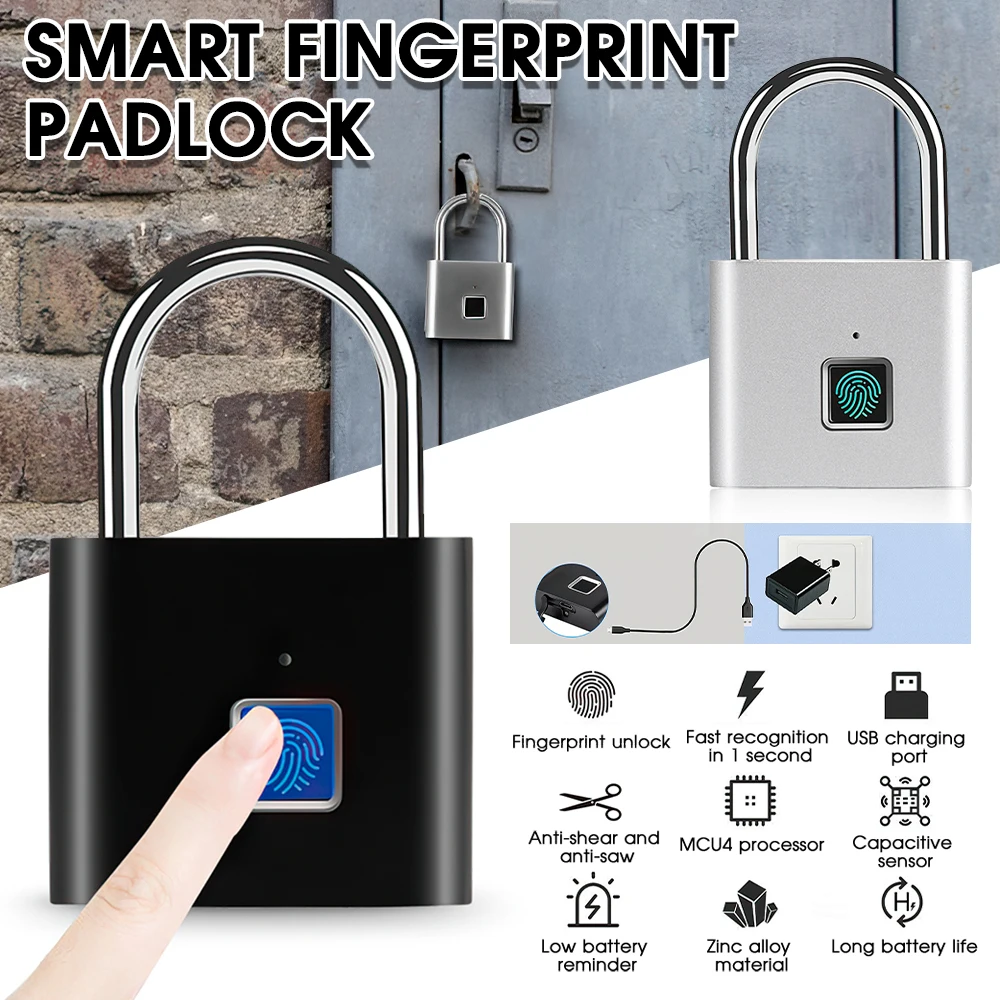 

Fingerprint Padlock Small Padlock Smart Keyless Lock Fingerprint Cabinet Lock USB Charging Door Locker Dormitory Anti-theft Lock