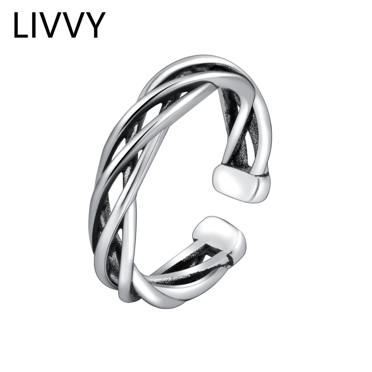 

LIVVY Silver Color Fashion Vintage Weave Twisted Thai Silver Ring Wave Adjustable Size Ring For Women Men 2021 Trend