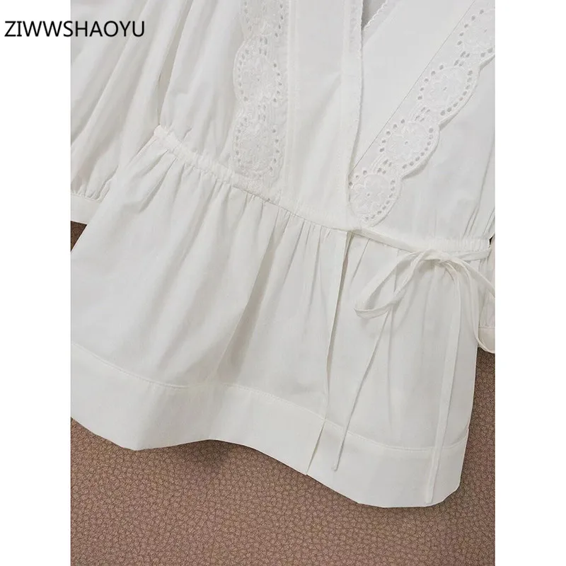 

ZIWWSHAOYU 2021 Women Summer Cotton White Casual Shirt Solid V-Neck 3/4 Sleeve Belt Lace Lace Up Thin Female Shirt