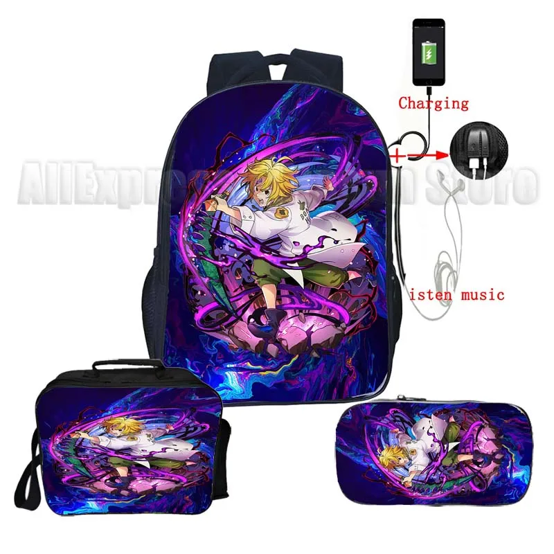 Kids The Seven Deadly Sins Backpack 3pcs Set Boys Girls USB Travel Bagpacks Students Anime School Bags with Lunch Bag Pencil Box - купить по