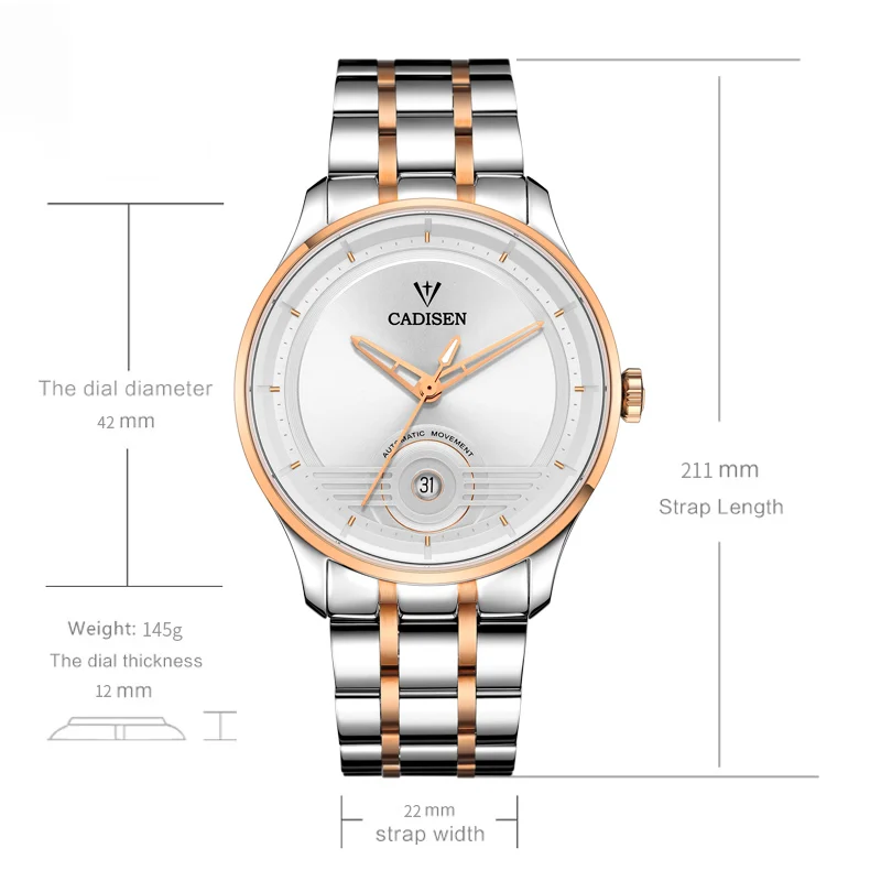 Мужские автоматические механические часы CADISEN сапфировое стекло из нержавеющей