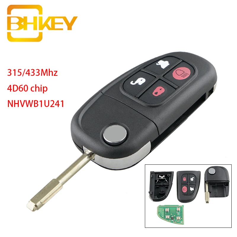 

BHKEY NHVWB1U241 4 Buttons Smart Remote Car Key for Jaguar XJ XJR X-Type S-Type 2002-2008 Flip Key 315/433MHz 4D60 Chip