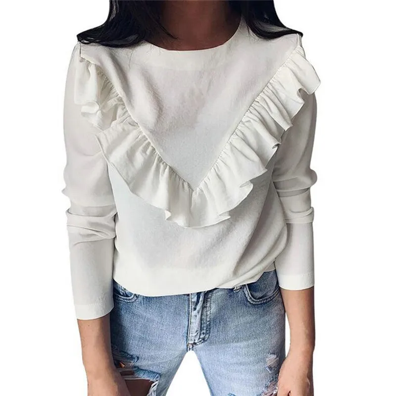 

Long Sleeve Elegant Women Blouses 2021 Lady Office Work Ruffles O-Neck Khaki Shirts Tops White Black Autumn Winter Blusas
