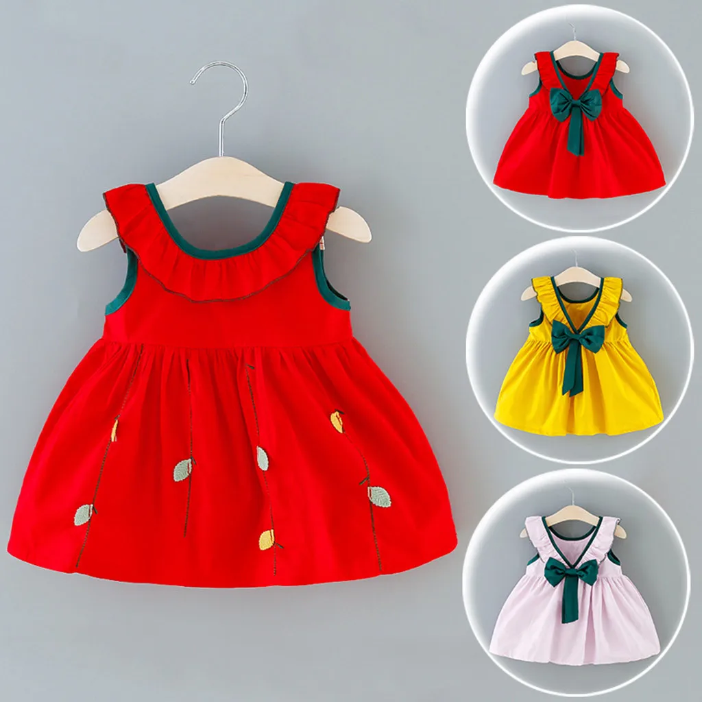 Летнее корейское платье принцессы для девочек детское без рукавов с вышивкой