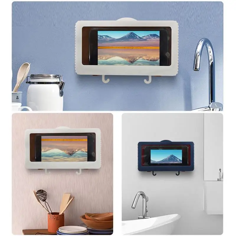 

Bathroom Phone Holder Waterproof Wall Mounted Punch Free All Covered Mobile Phone Shelves Touch Screen Case Box for Shower
