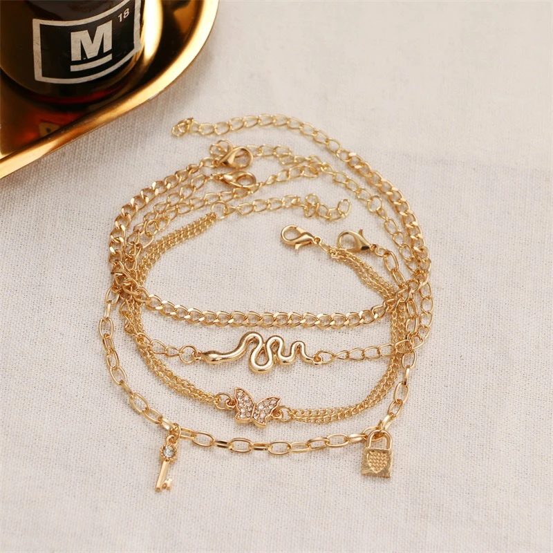 

Fashion Gold Multilayer Anklets Set For Women Girls Punk Snake Beads Chain Anklets Butterfly Ankle Bracelet Foot Jewelry