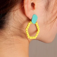 2021 new innovative yellow color contrast retro alloy paint bead earrings personalized geometric hollow earrings womens jewelry