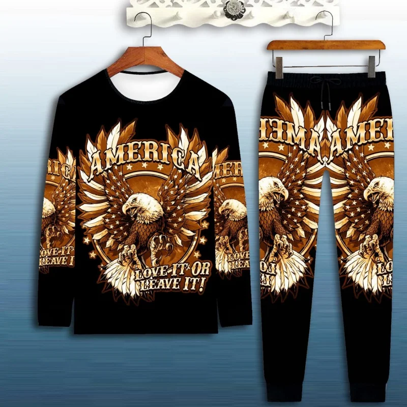 

Spring Autumn Men's Suit 3D Printed Eagle Head Pattern Chinese Style Male Fashion Casual Long-Sleeved T-shirt Trousers 2Pcs Sets
