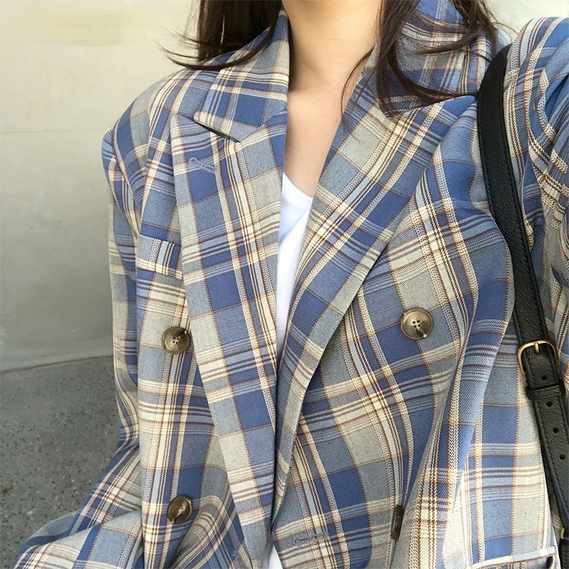 

Vintage Loose Women Plaid Blazer 2021 Autumn Chic Double Breasted Female Long Sleeve Suit Jackets Stylish Ladies Blazer New