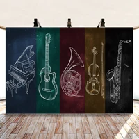 musical instrument theme backdrop chalk drawing piano guitar french horn saxophone violin background party decoration booth prop