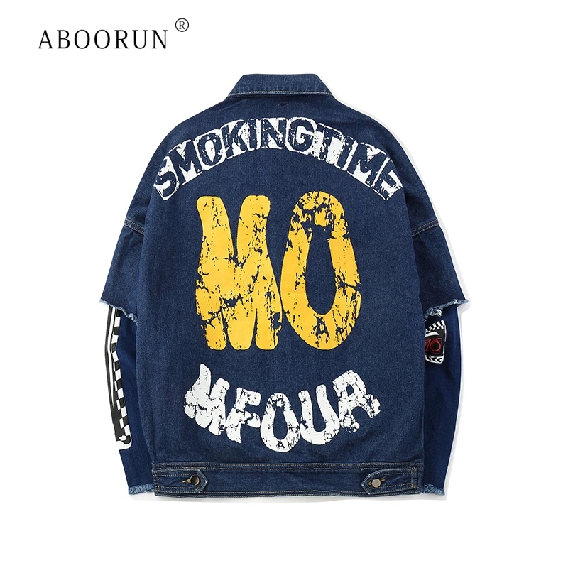 

ABOORUN Men's Hip Hop Denim Jackets Fashion Letters Printed Patchwork Denim Jackets Hi Street Oversized Jeans Coat for Male