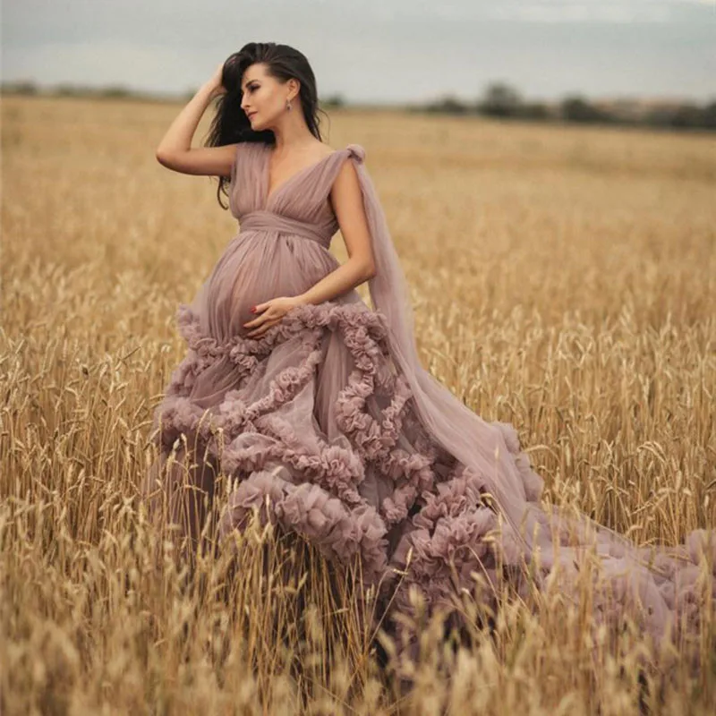 Фото Пыльное розовое вечернее платье для беременных, халаты для фотосъемки, фатиновое шикарное платье с оборками для фотографирования детей №1