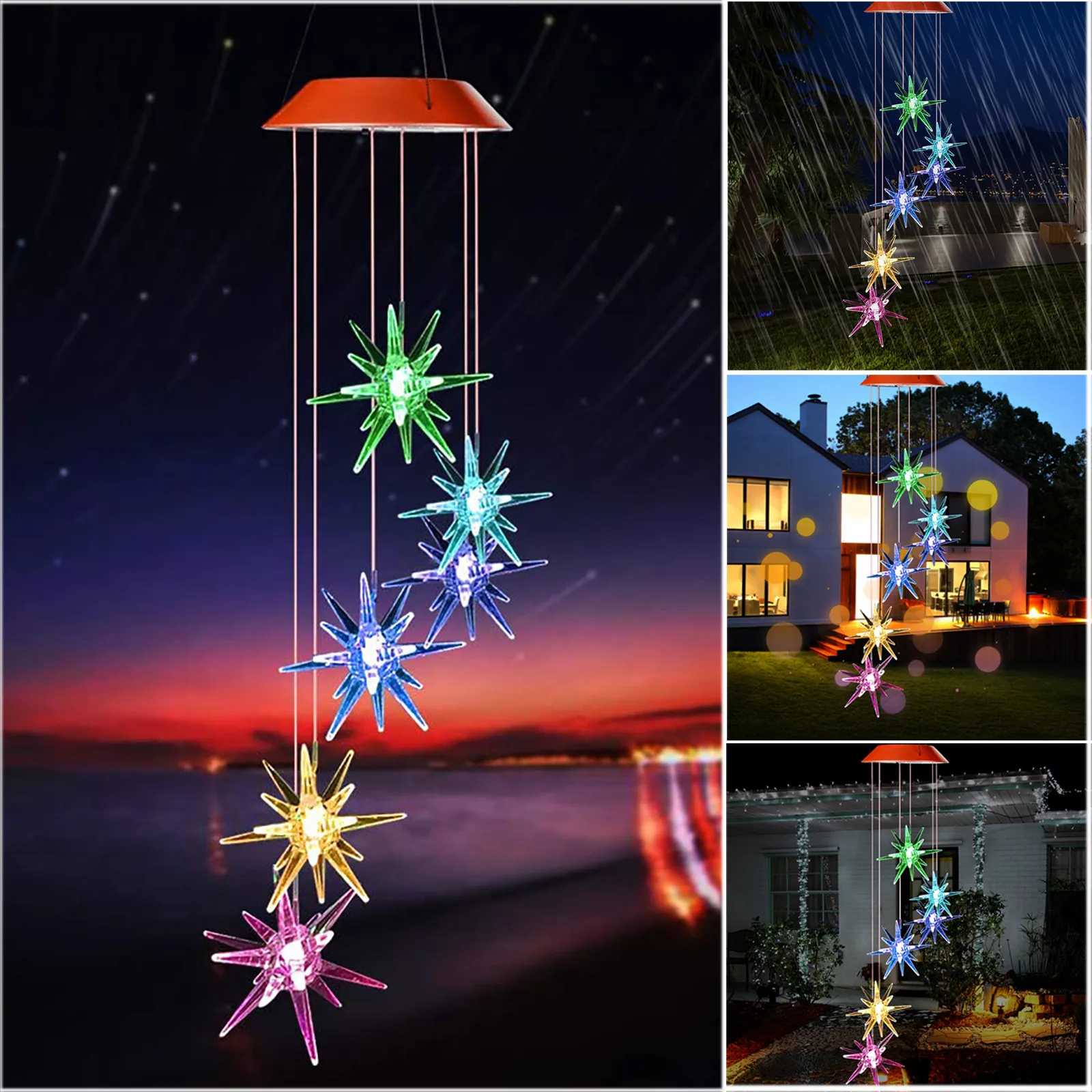 

Светодиодный ветряной колокольчик на солнечной батарее со звездами, меняющий цвет, светодиодный водонепроницаемый светильник, уличный сад...