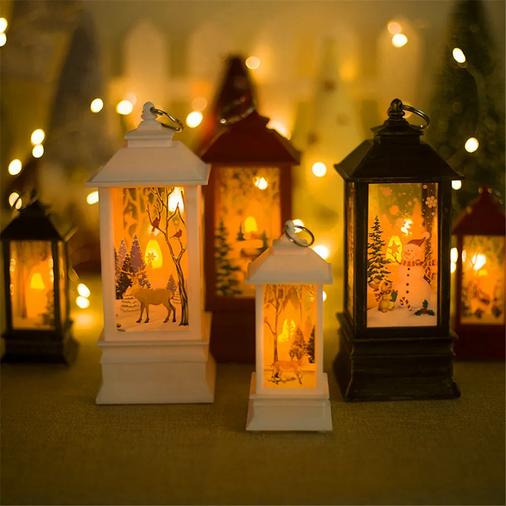 Christmas Vintage LED Lantern Santa Claus Snowman Castle Light Lamp Xmas Decoration Party Hanging Props Decor