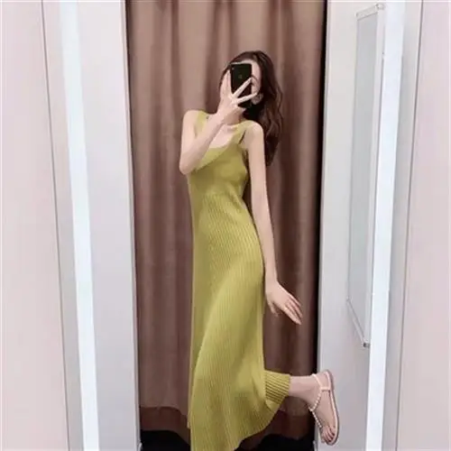 

2020 new knitted sling dress Spring summer autumn women A word show high-waisted mid-T long vest dress Hollow Out