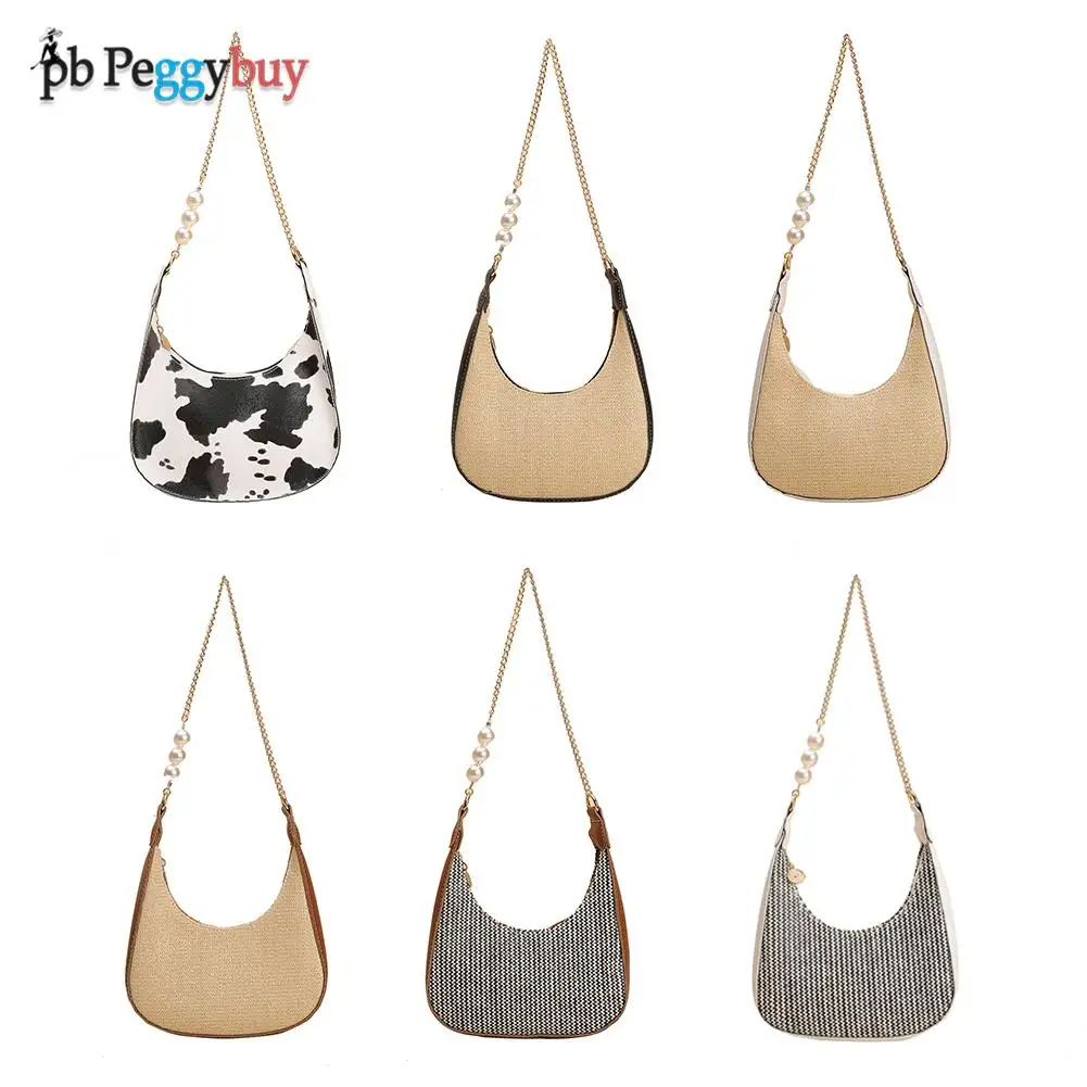 

Retro Women PU Leather Woven Patchwork Hobos Shoulder Underarm Bag Casual Ladies Pearl Small Purse Handbags