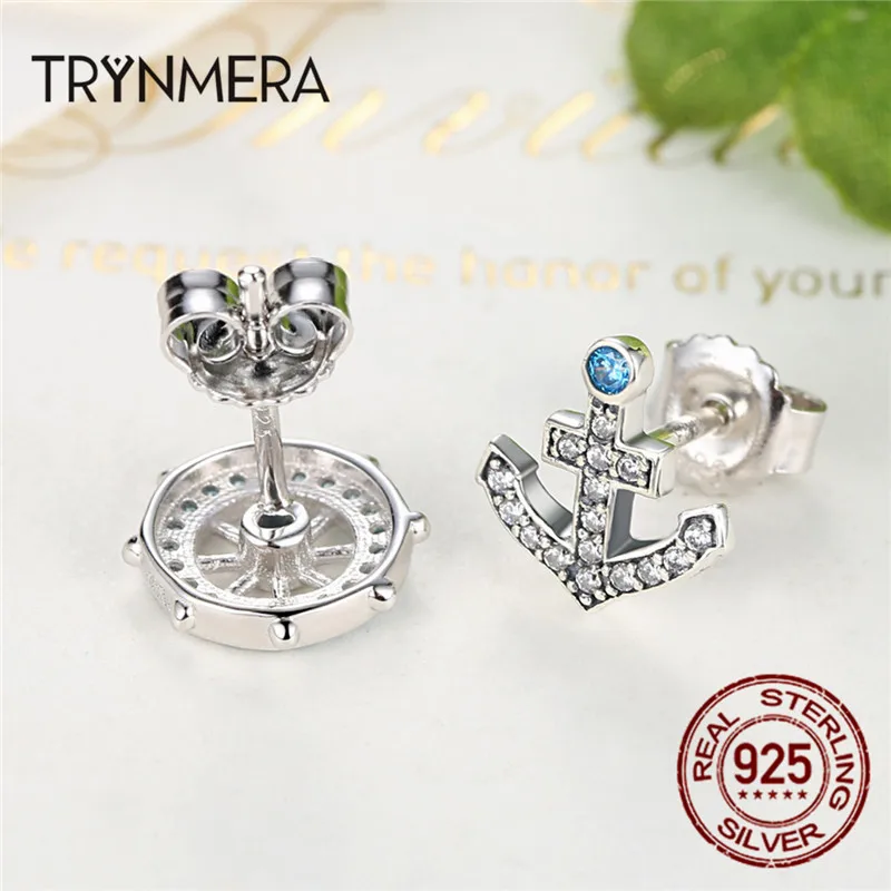 Trynmera 925 Серебряный якорь и руль синие кристаллы серьги-гвоздики для женщин Мода Лодка элемент ювелирных изделий TE082